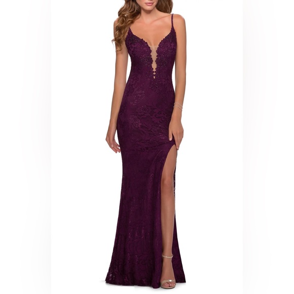 La Femme - 28556 Beaded Lace Plunging V-Neck Sheath Dress - threedaughtersproperties.com La Femme - 28556 Beaded Lace Plunging V-Neck Sheath Dress - threedaughtersproperties.com